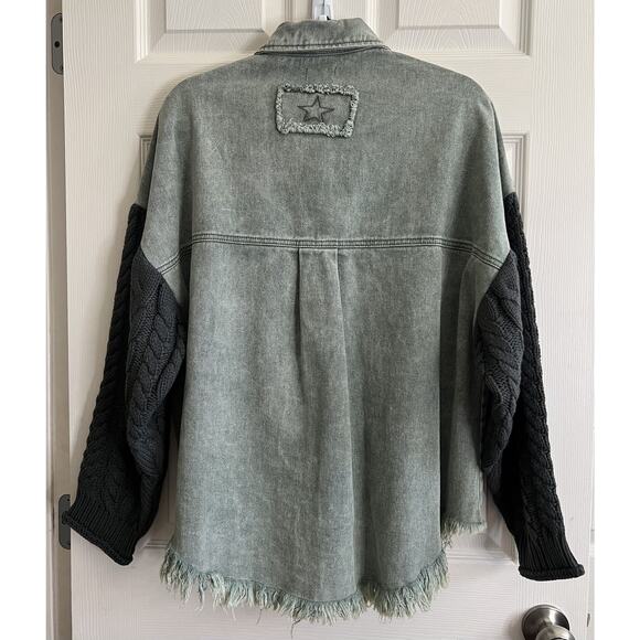 POL Cable Knit Sleeve Raw Hem Denim Jean Shacket Jacket Sz S NWT - Picture 7 of 12